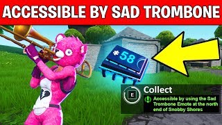 ACCESSIBLE BY USING THE SAD TROMBONE EMOTE AT THE NORTH END OF SNOBBY SHORES  Fortnite Fortbyte 58 [upl. by Marcelia676]