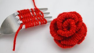 Woolen Rose making trick with fork  No crochet yarn flowers  DIY woolen flower  Embroidery hack [upl. by Yaral]