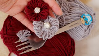 Easy Woolen Flower With Fork  How To Make Flowers From Yarn [upl. by Auerbach]