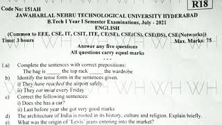 Btech 1st year 1st sem English QP July2021 JNTUH TS [upl. by Yrtua]