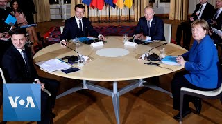 Frances Macron Russias Putin Germanys Merkel Ukraines Zelenskiy Hold Peace Talks in Paris [upl. by Eus]