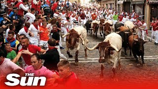 Pamplona Bull Run 2019 tumbles turns and injuries [upl. by Marc939]