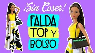 Cómo hacer ropa para Barbie sin coser Vestido falda y bolsos [upl. by Anialram]