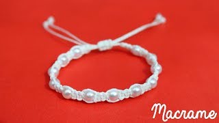 Como hacer una Pulsera de hilo simple con perlas✧ NUDO PLANO Macrame [upl. by Bander]