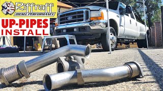 2001 F350 73  RiffRaff UpPipes Install  Stock up pipes leaking and falling apart JUNK SP [upl. by Alyl820]