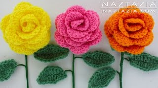 HOW to CROCHET a BEGINNER EASY FLOWER  DIY Rose Rosas Bouquet Flowers Leaf Leaves Stem Tutorial [upl. by Nagy368]