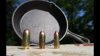 9mm vs 40 Cal vs 45 ACP  Cast Iron Skillets [upl. by Herstein]