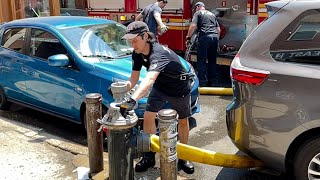 2 CARS PARK on HYDRANT at FIRE Firefighters Work to Extinguish Fire in the Rear of Brownstone [upl. by Tsnre817]