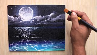 Acrylic painting of beautiful Moonlight night sky landscape step by step [upl. by Llekcir]